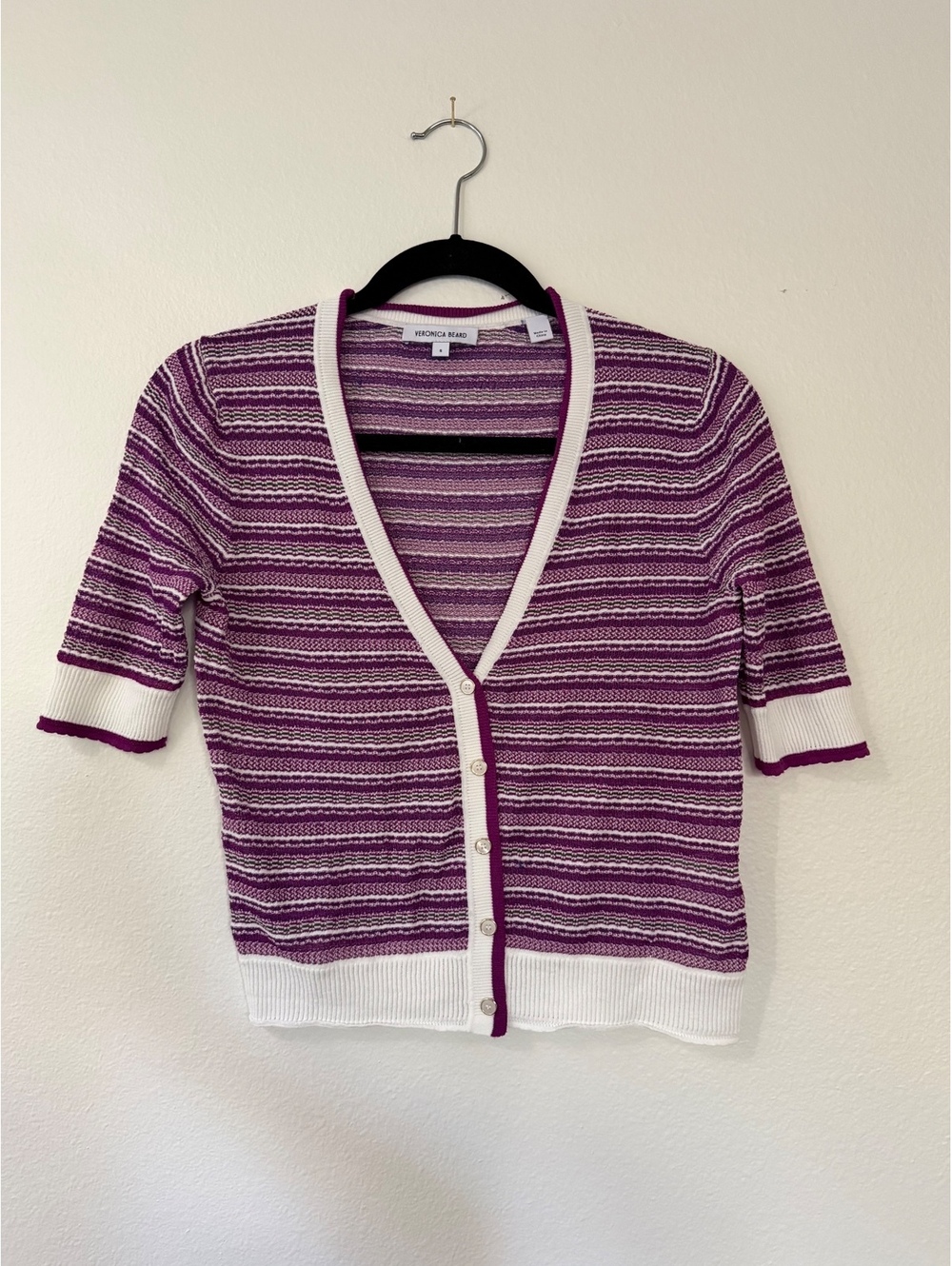 Veronica Beard Varia Mixed Stripe Knit Cardigan Sweater Purple White Size Small